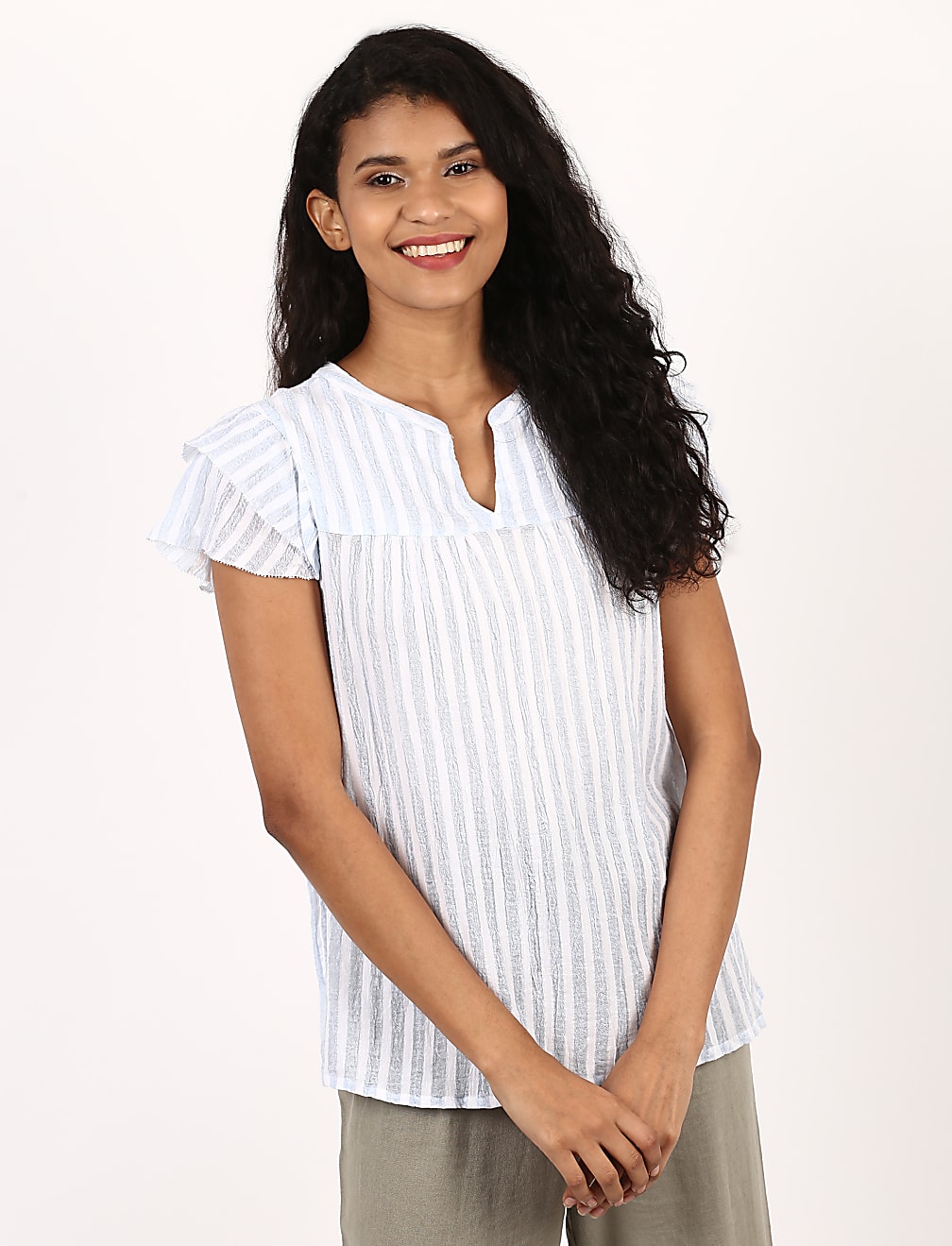 Vertical Stripe Sleeve Frill Top