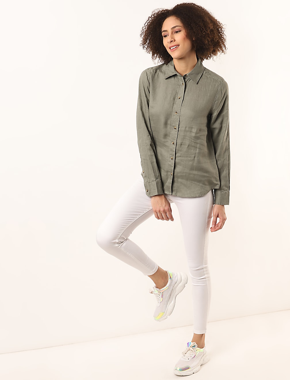 Pure Linen Plain Spread Collar Shirt