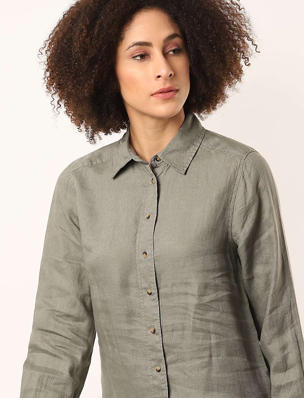Pure Linen Plain Spread Collar Shirt