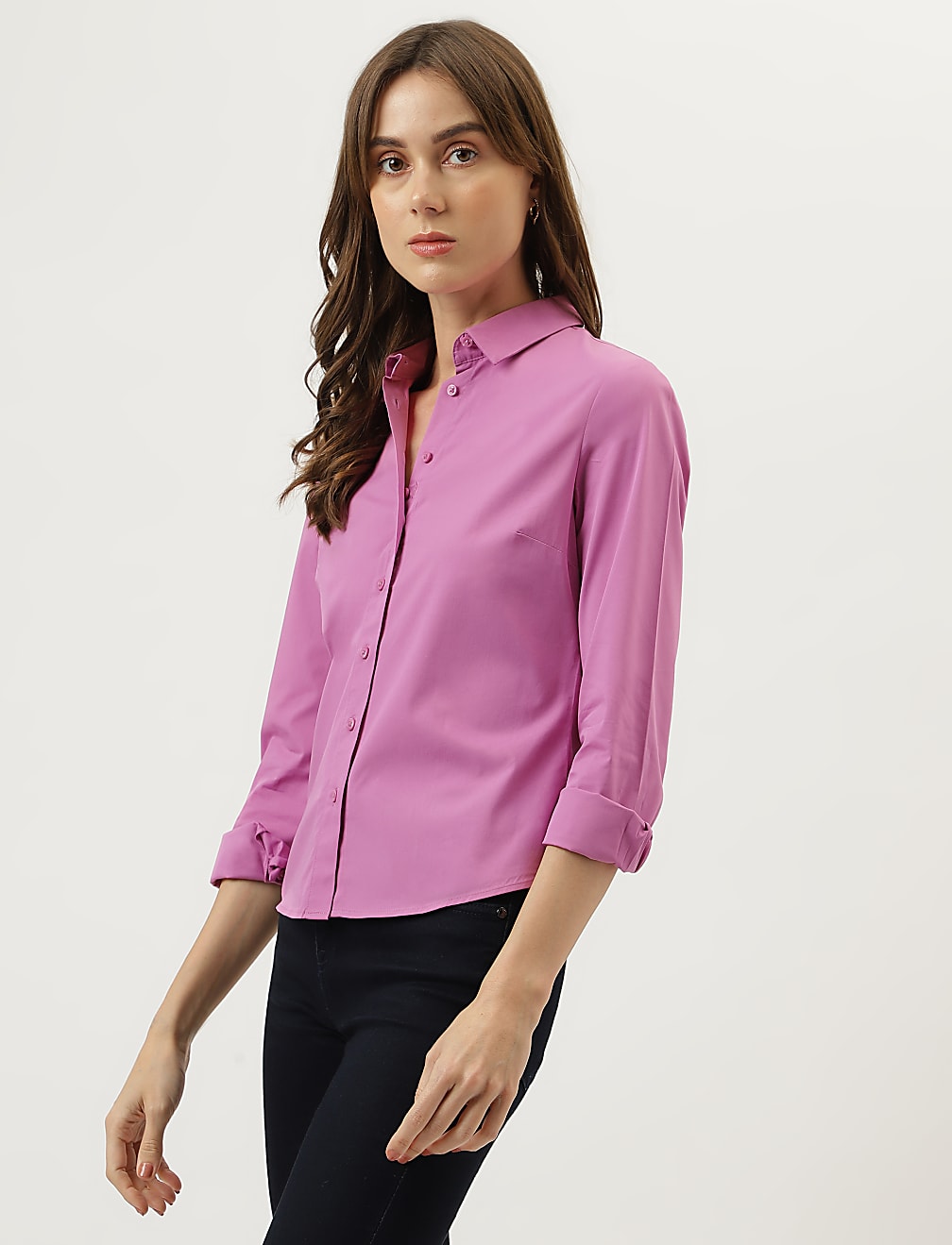 Cotton Mix Plain Spread Collar Shirt