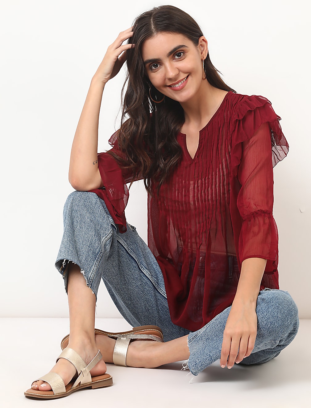 Pleated Round Neck Top