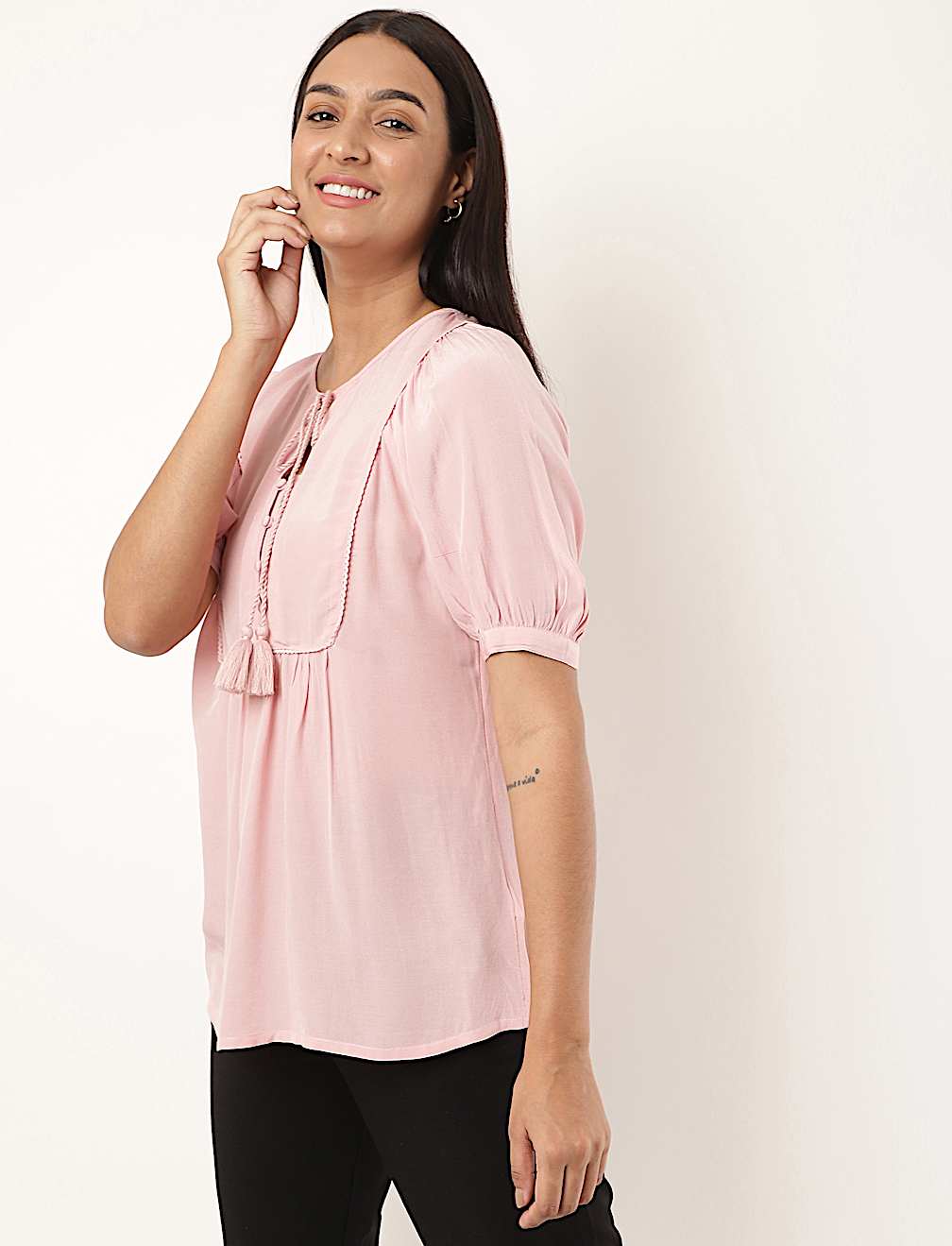 Pure Viscose Plain Tie-Up Neck Blouse