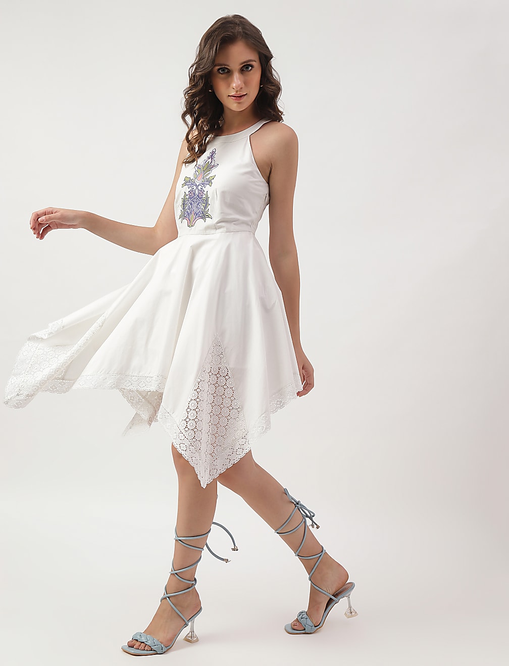 Embroidered Halter Neck Mini Dress