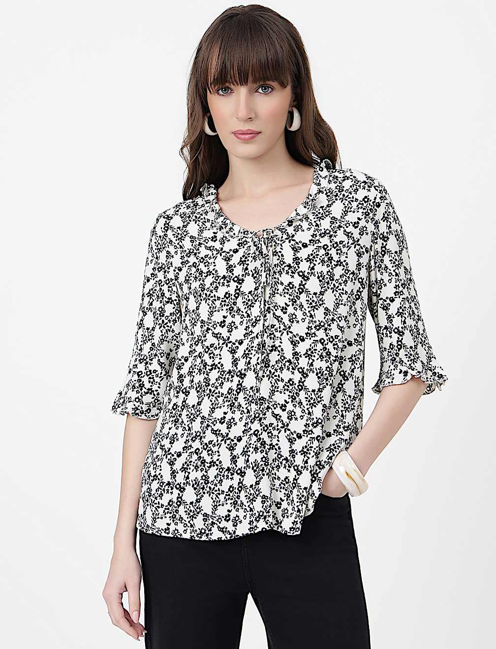Pure Viscose Floral Print Ruffled Neck Top
