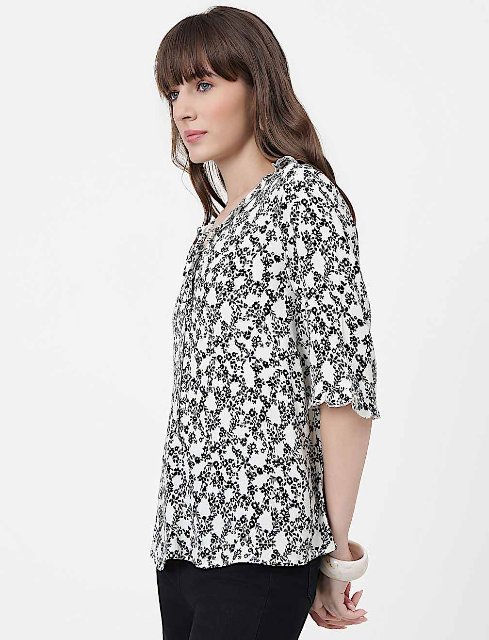 Pure Viscose Floral Print Ruffled Neck Top