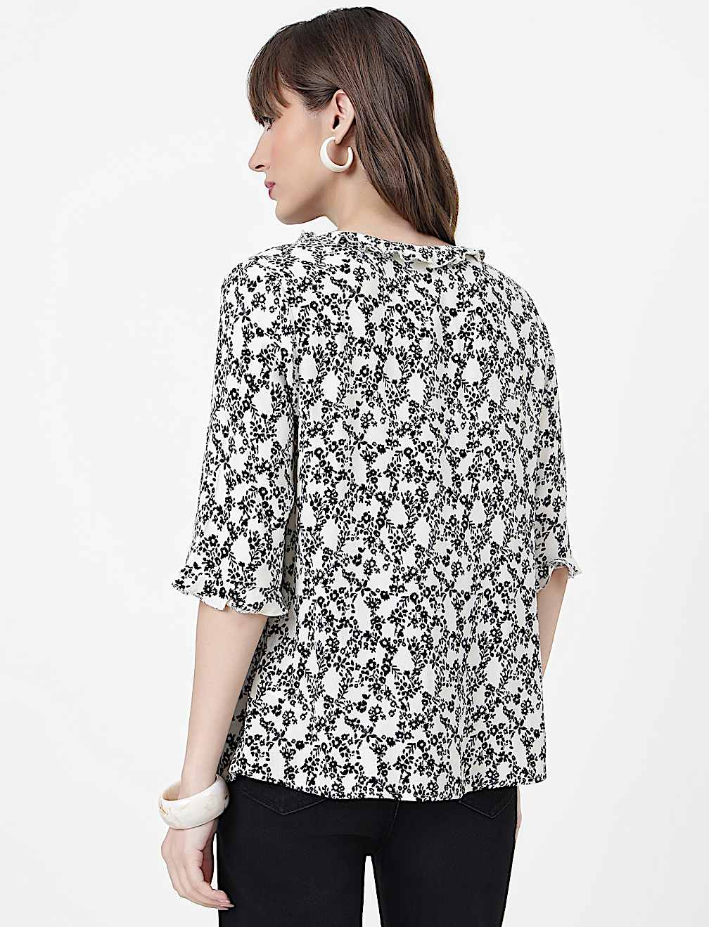 Pure Viscose Floral Print Ruffled Neck Top