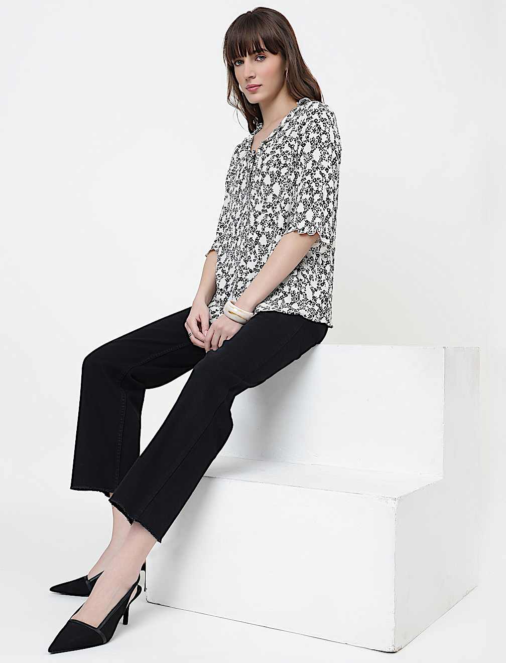 Pure Viscose Floral Print Ruffled Neck Top