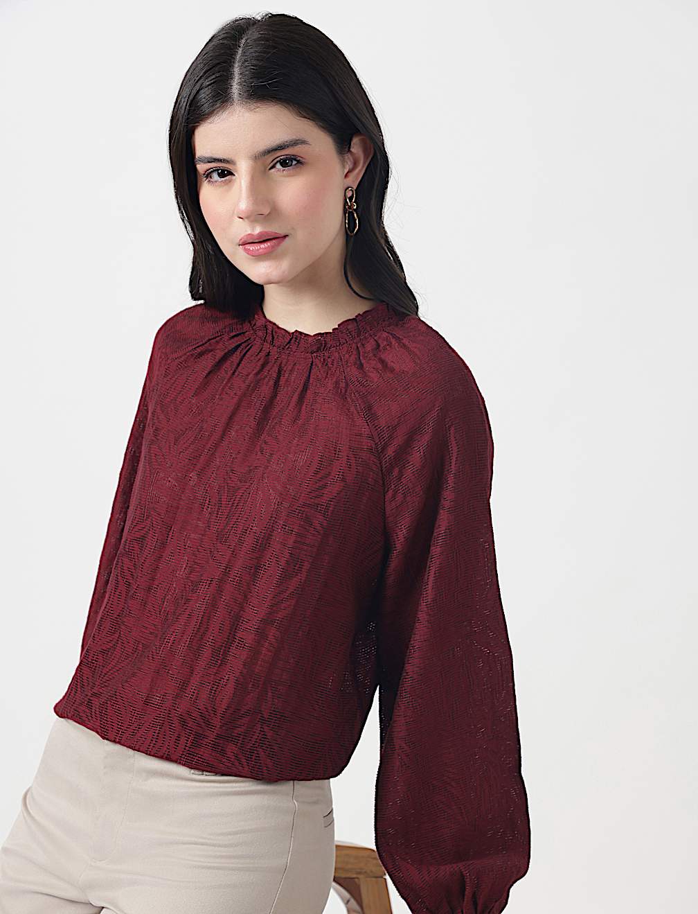 Viscose Mix Leaf Ruffle Neck Blouson Top