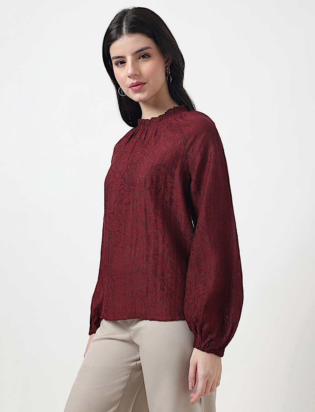 Viscose Mix Leaf Ruffle Neck Blouson Top