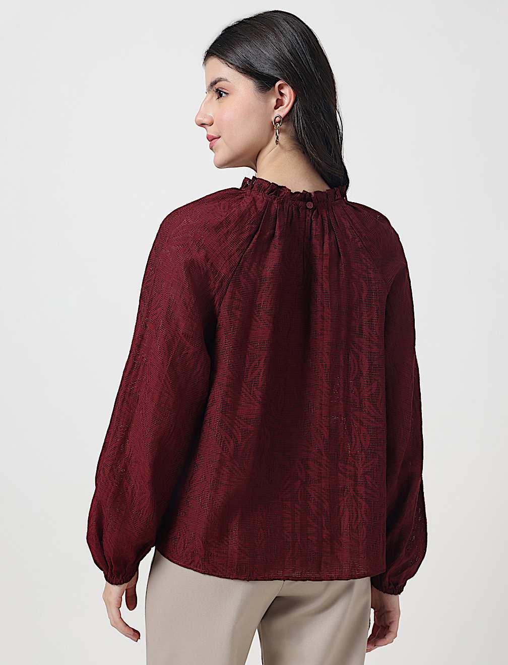 Viscose Mix Leaf Ruffle Neck Blouson Top