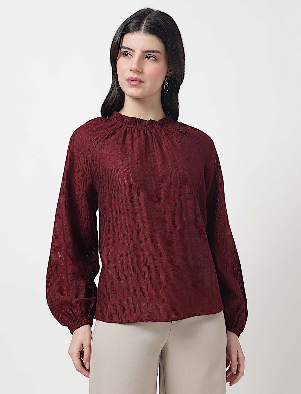 Viscose Mix Leaf Ruffle Neck Blouson Top
