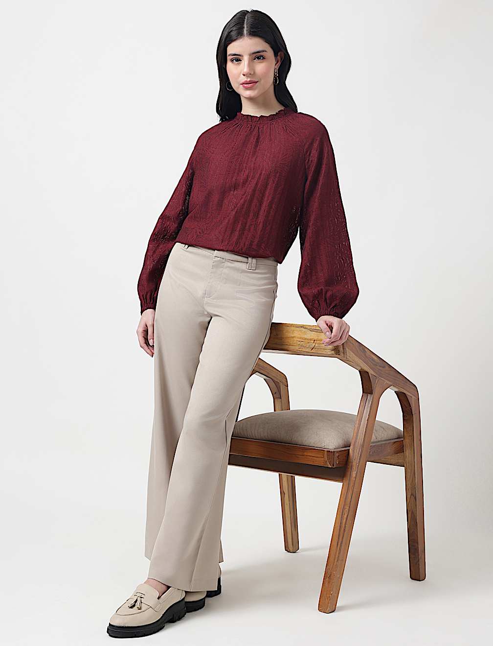 Viscose Mix Leaf Ruffle Neck Blouson Top