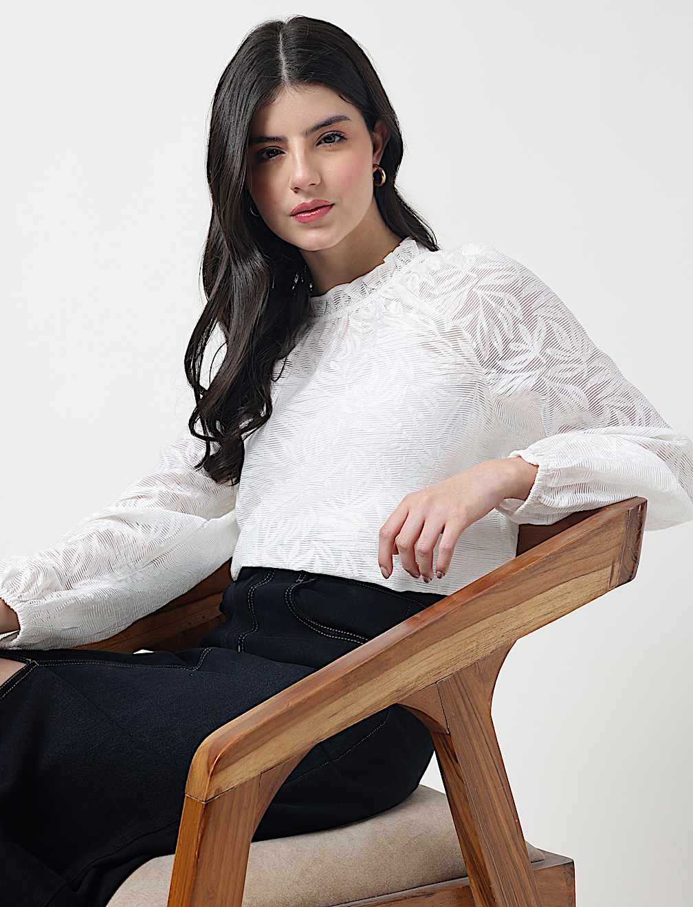 Viscose Mix Leaf Ruffle Neck Blouson Top