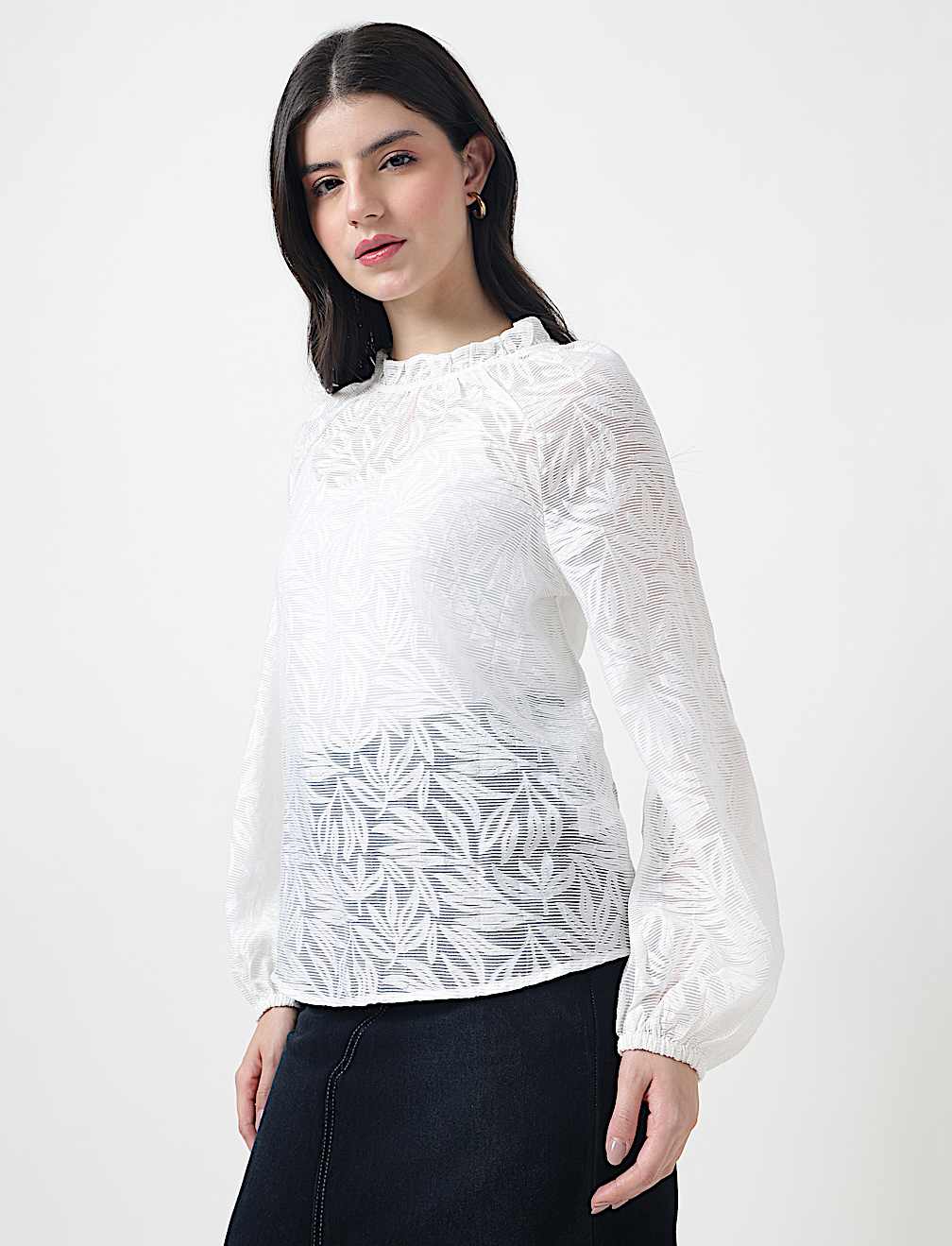 Viscose Mix Leaf Ruffle Neck Blouson Top