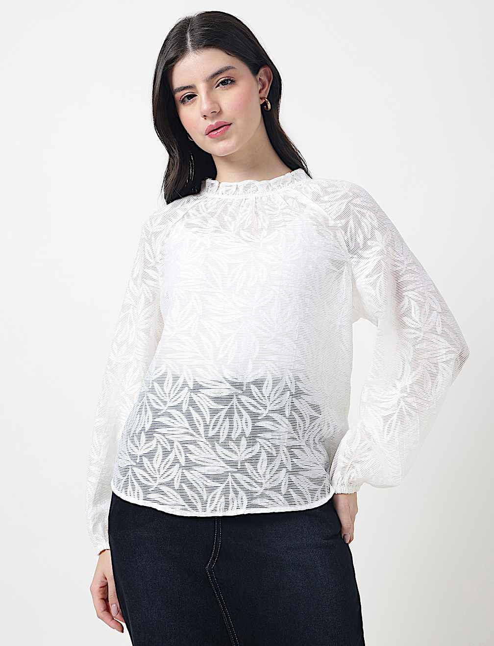 Viscose Mix Leaf Ruffle Neck Blouson Top