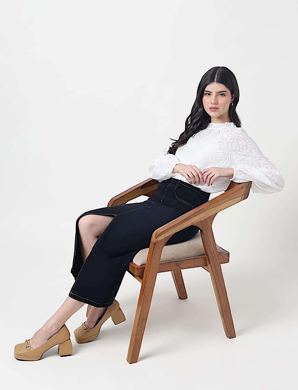 Viscose Mix Leaf Ruffle Neck Blouson Top