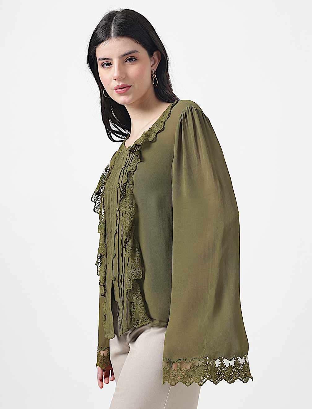 Pure Viscose Lace Round Neck Top