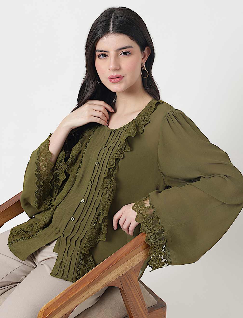 Pure Viscose Lace Round Neck Top