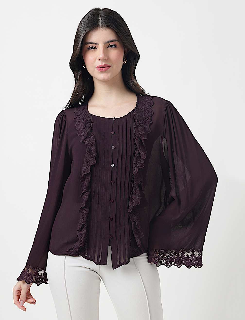 Pure Viscose Lace Round Neck Top