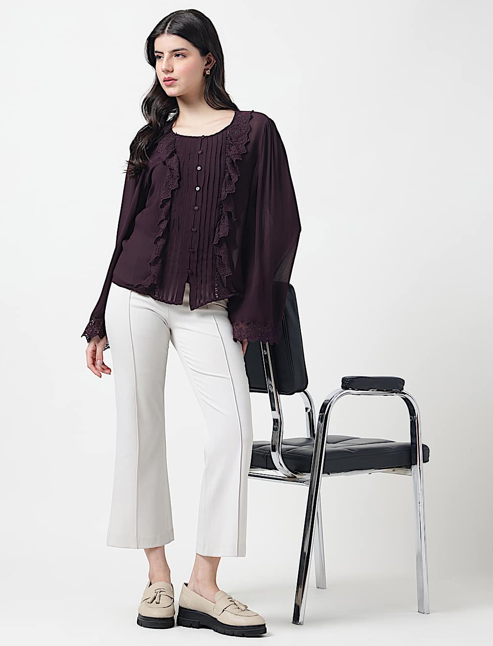 Pure Viscose Lace Round Neck Top