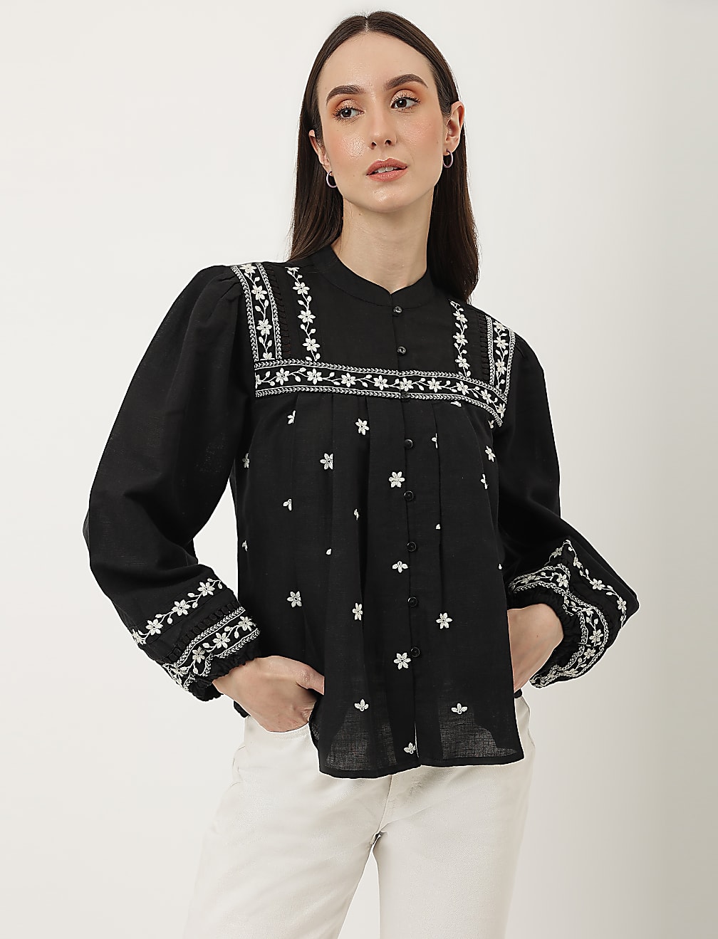 Linen Mix Embroidered Mandarin Collar Top