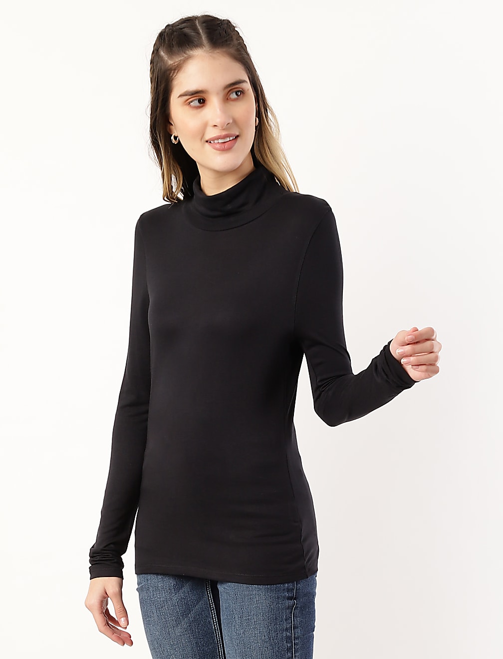 Pure Viscose Plain High Neck T-Shirt
