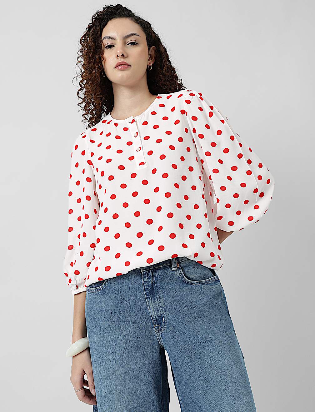 Henley Neck Puff Sleeve Shirt