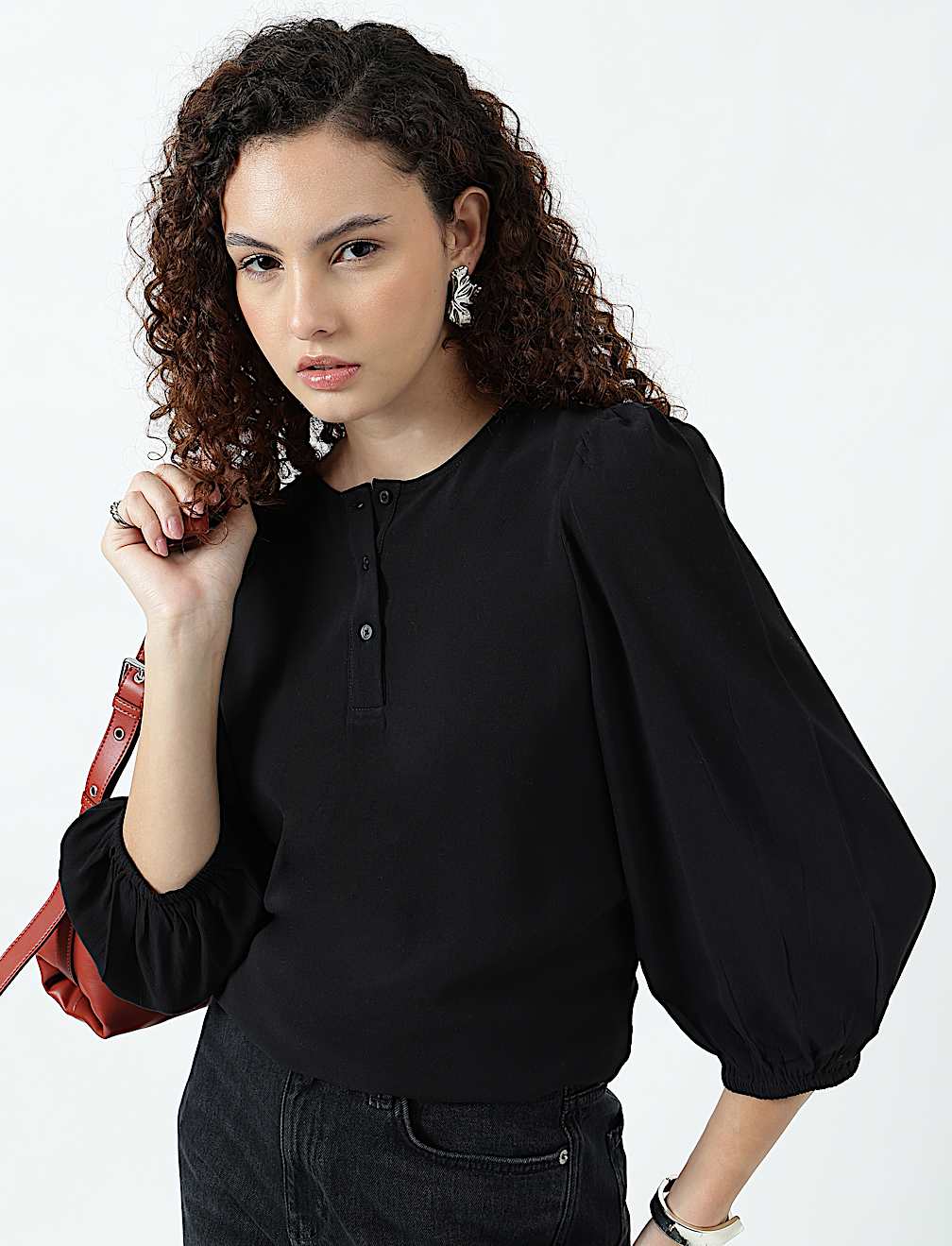 Henley Neck Puff Sleeve Shirt