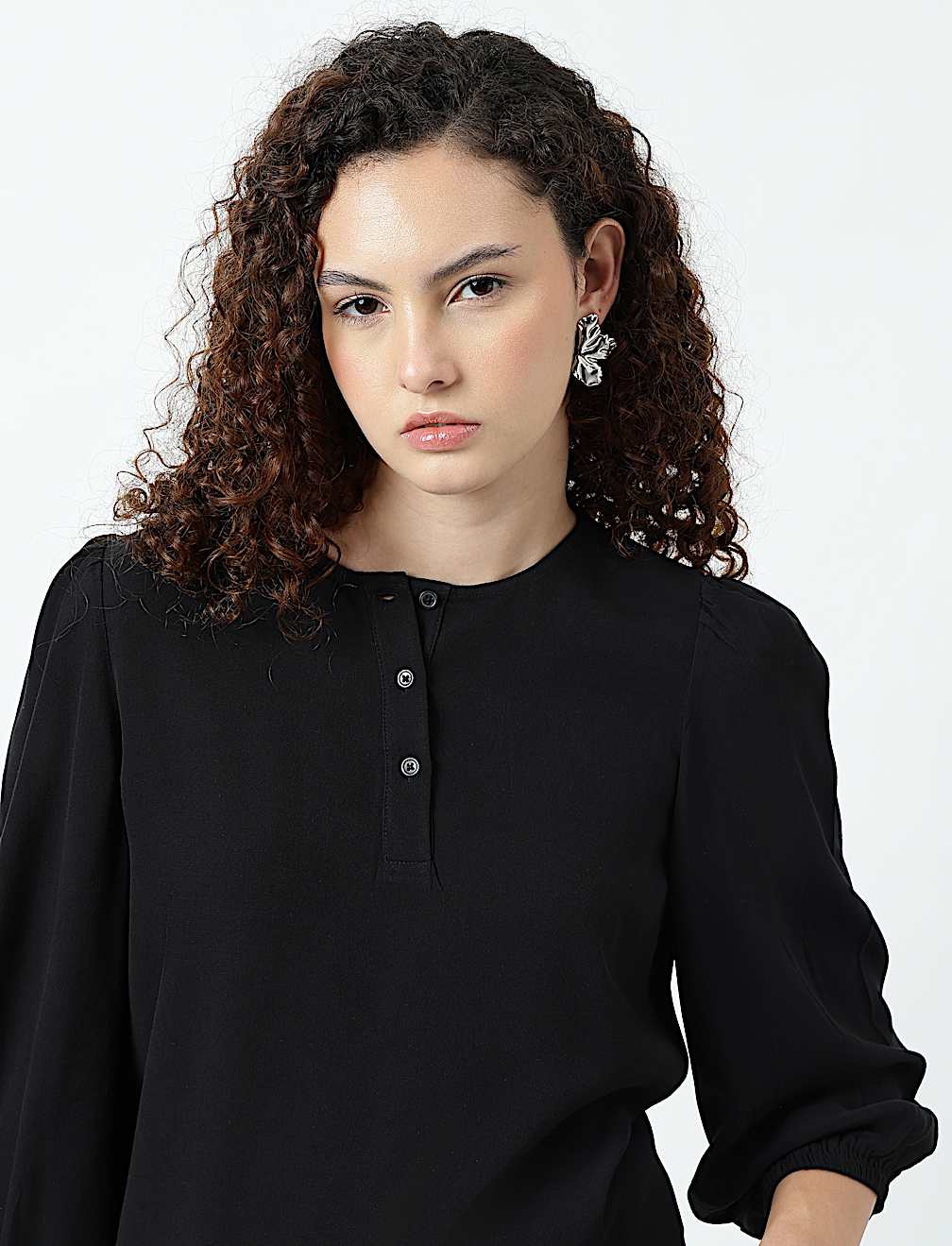 Henley Neck Puff Sleeve Shirt