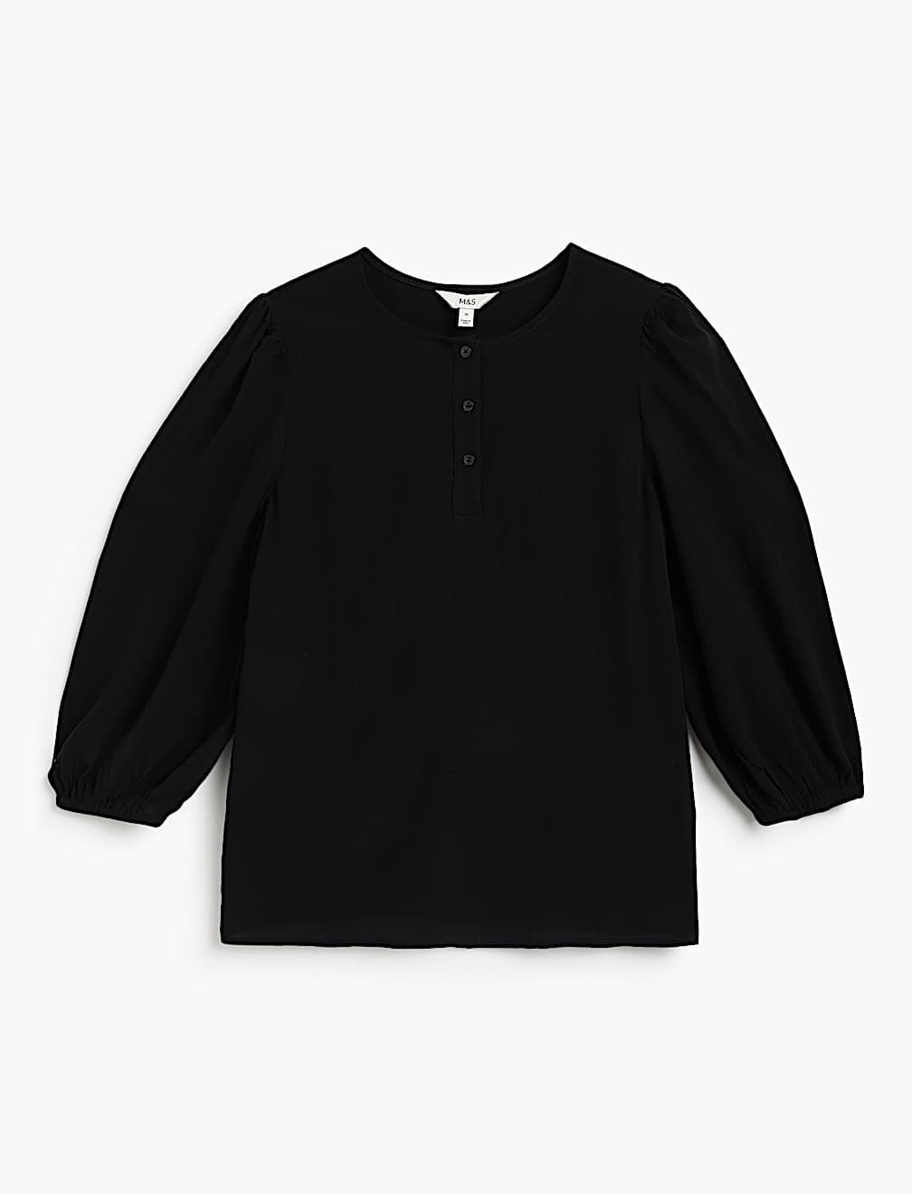 Henley Neck Puff Sleeve Shirt