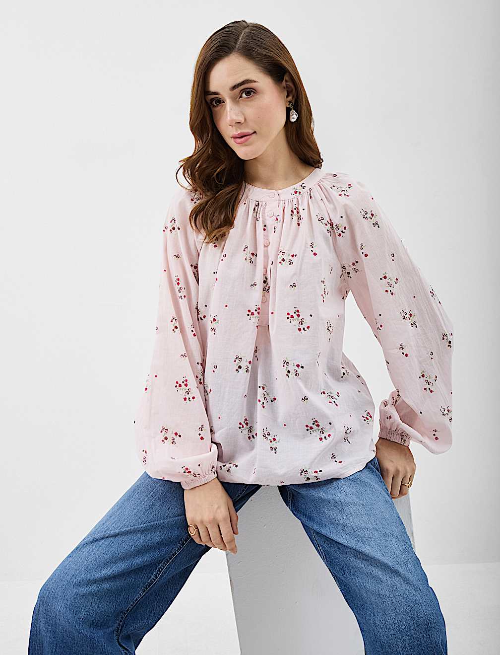 Pure Cotton Printed Balloon Sleeve Top