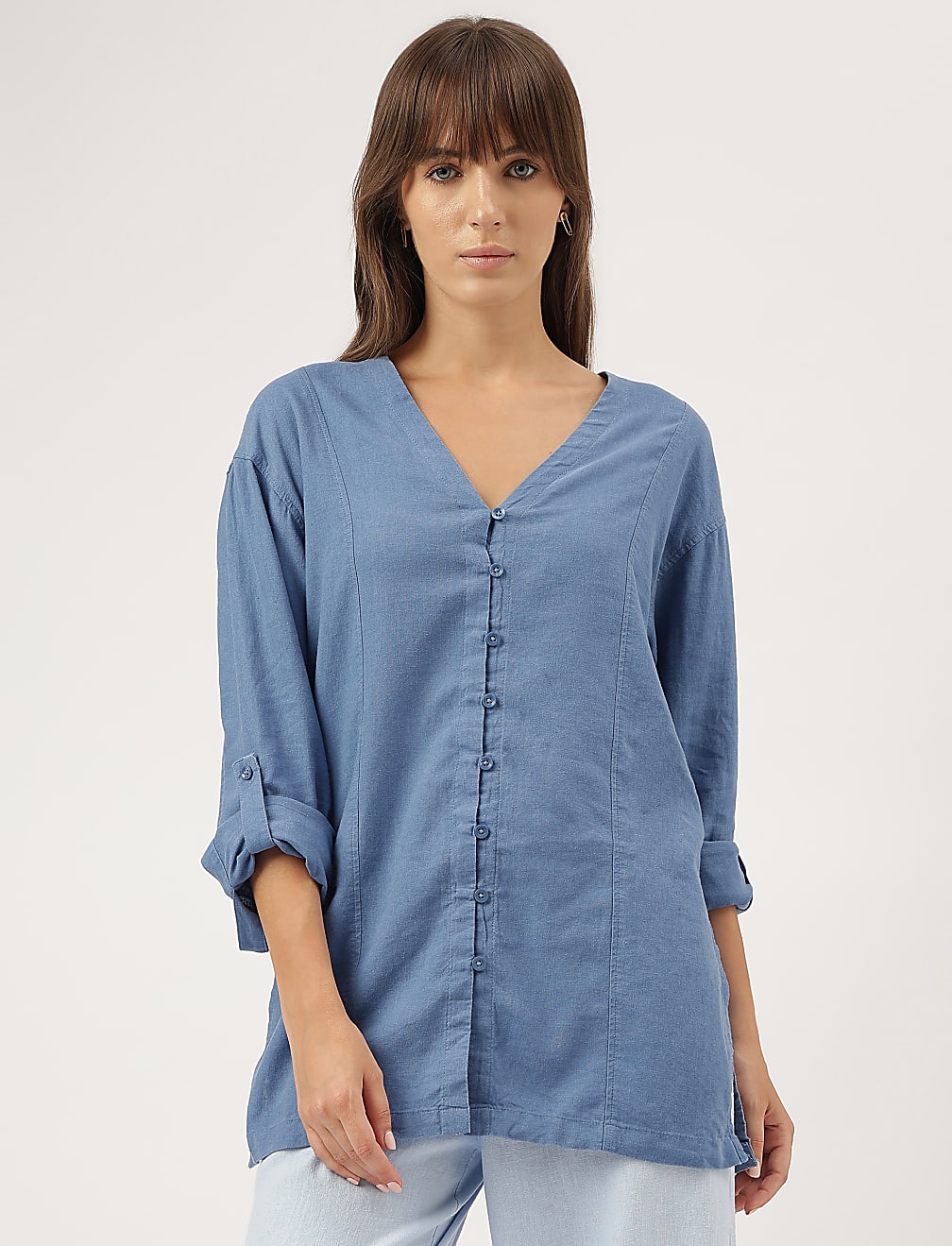 Linen Blend V-Neck Top