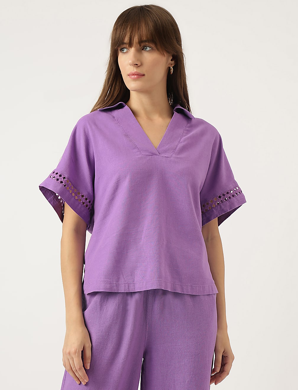 Linen Mix Schiffli Embroidery Blouse