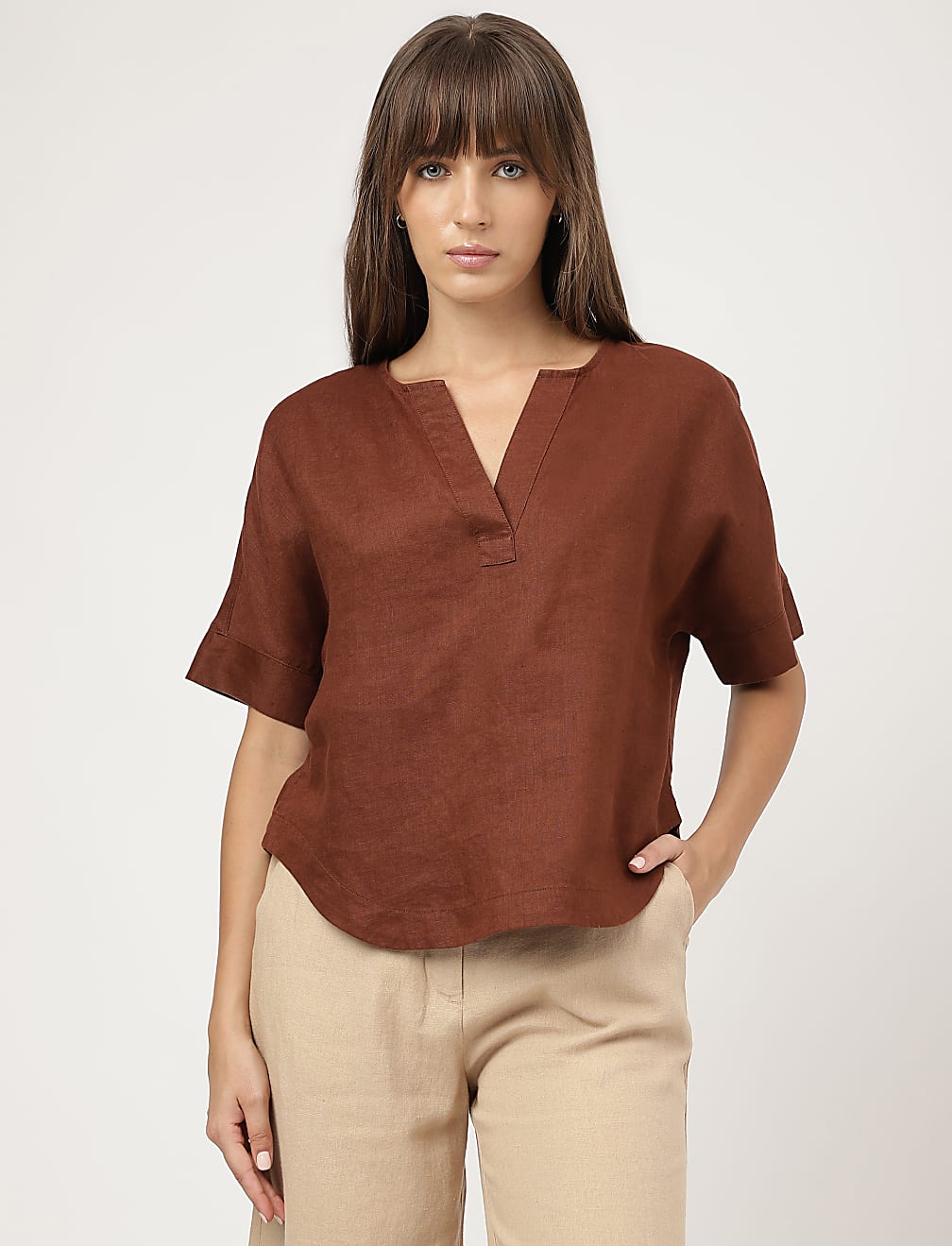 Pure Linen Plain Round Neck Blouse