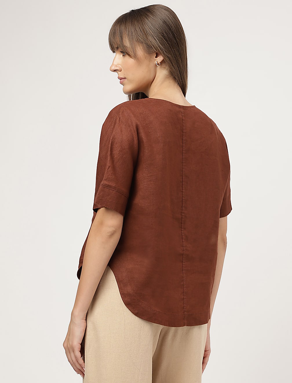 Pure Linen Plain Round Neck Blouse
