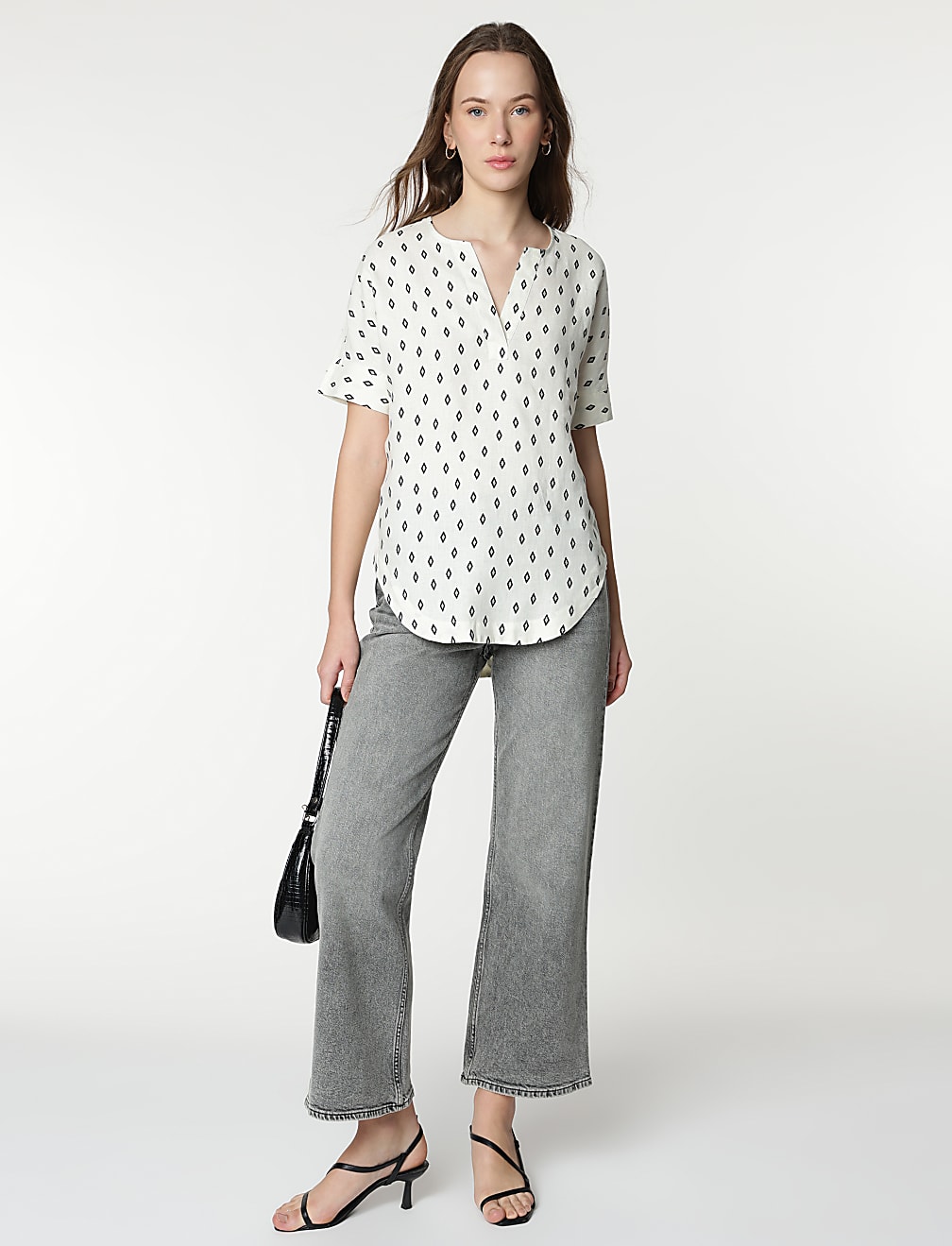 Pure Linen Geometric Print Half Sleeves Top