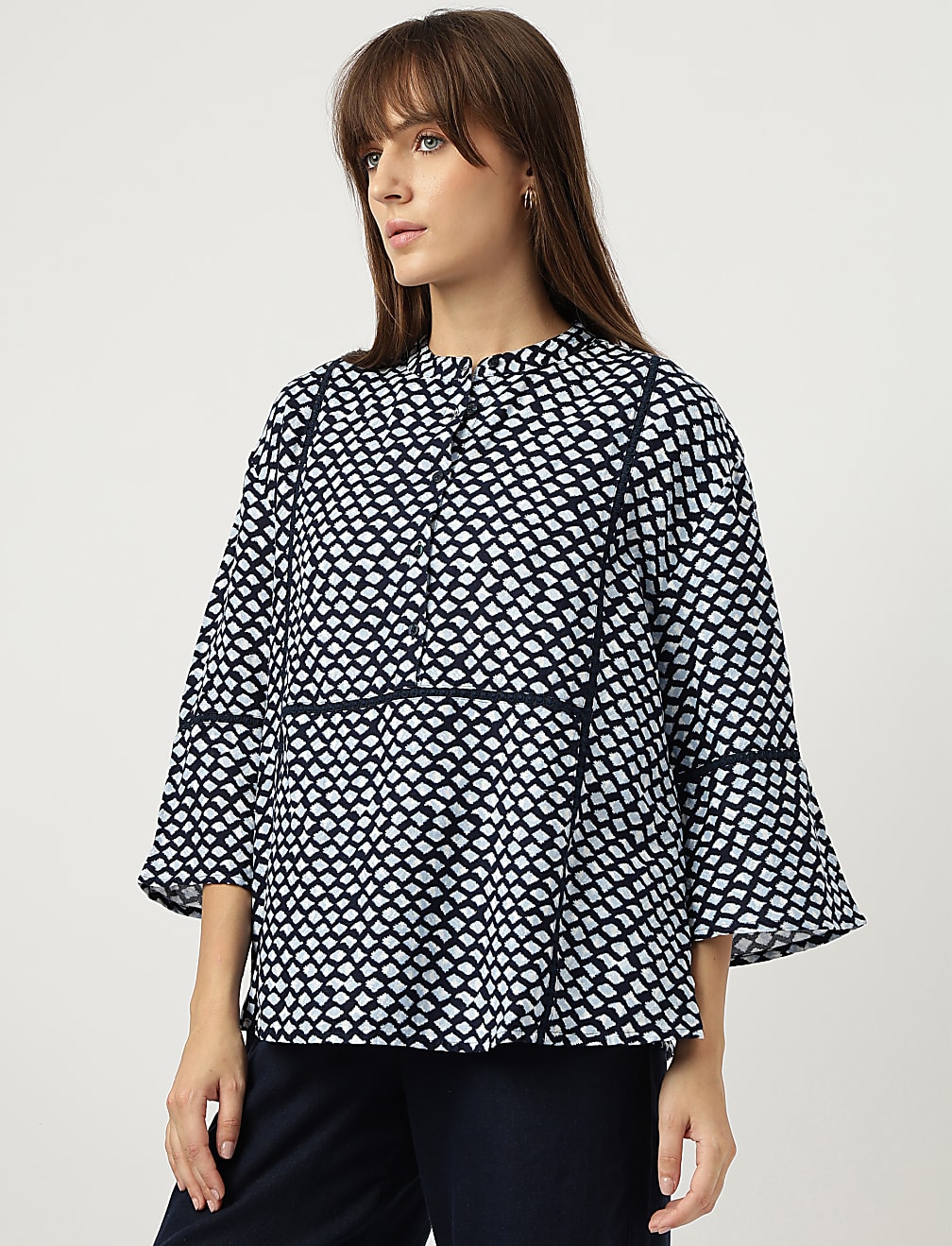 Linen Rich Tie-Dye Mandarin Collar Top