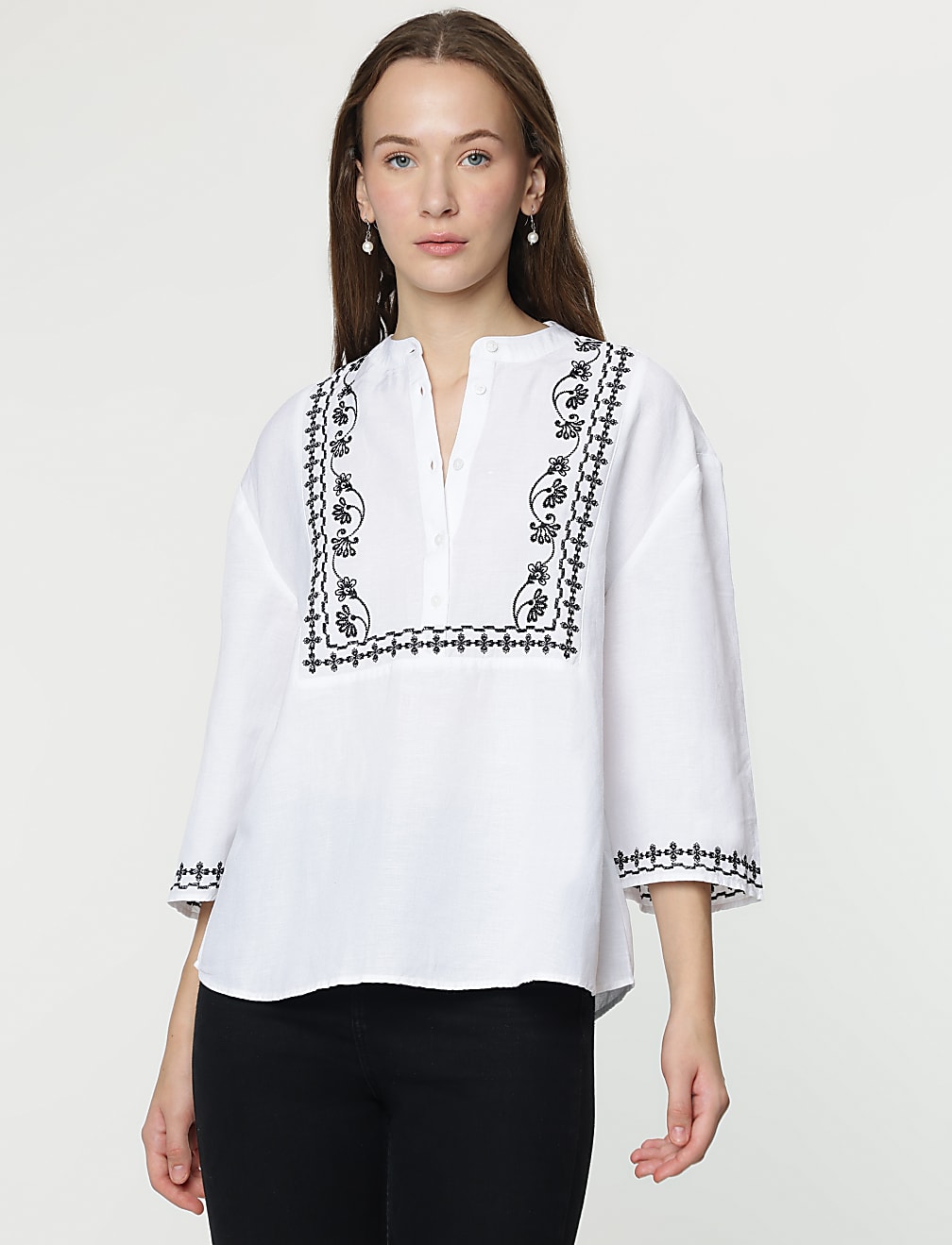 Linen Mix Embroidered Mandarin Collar Tunic