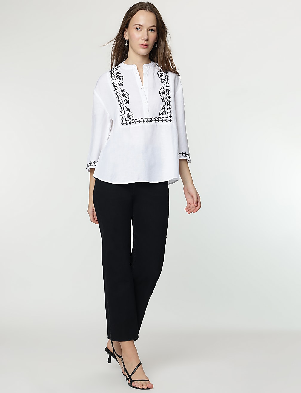 Linen Mix Embroidered Mandarin Collar Tunic