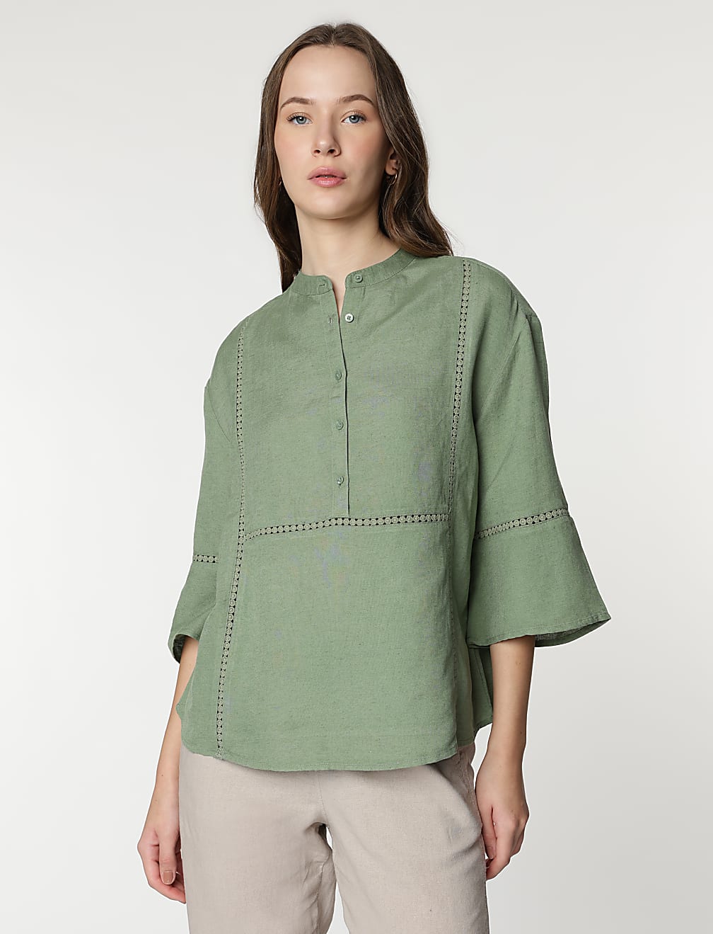 Linen Rich Embroidered Bell Sleeves Tunic