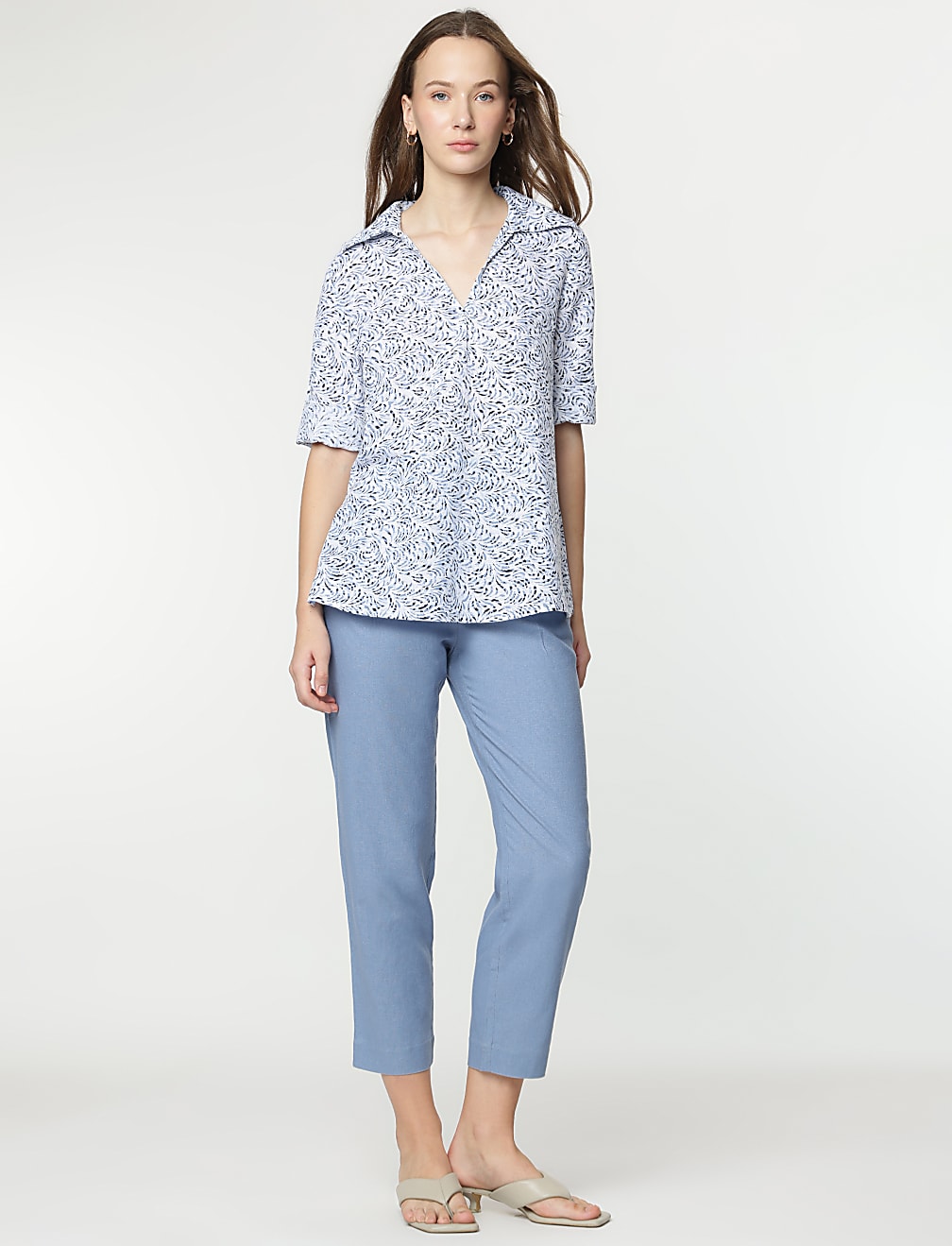 Linen Mix Printed 3/4 Sleeves Top
