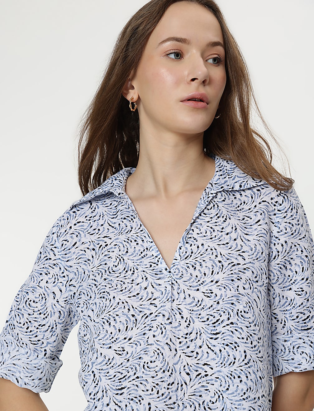 Linen Mix Printed 3/4 Sleeves Top