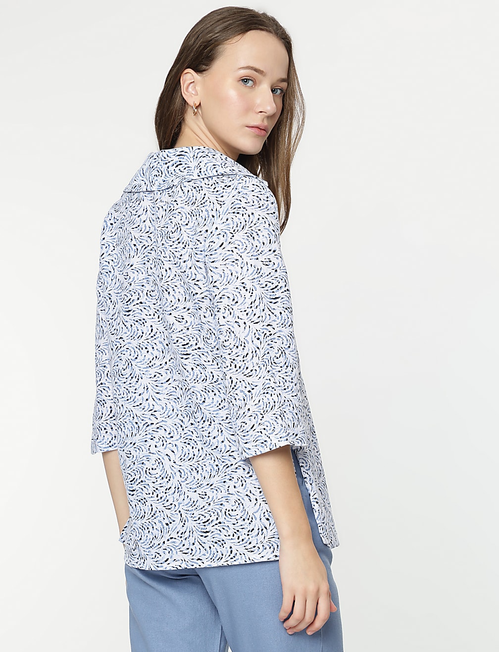 Linen Mix Printed 3/4 Sleeves Top