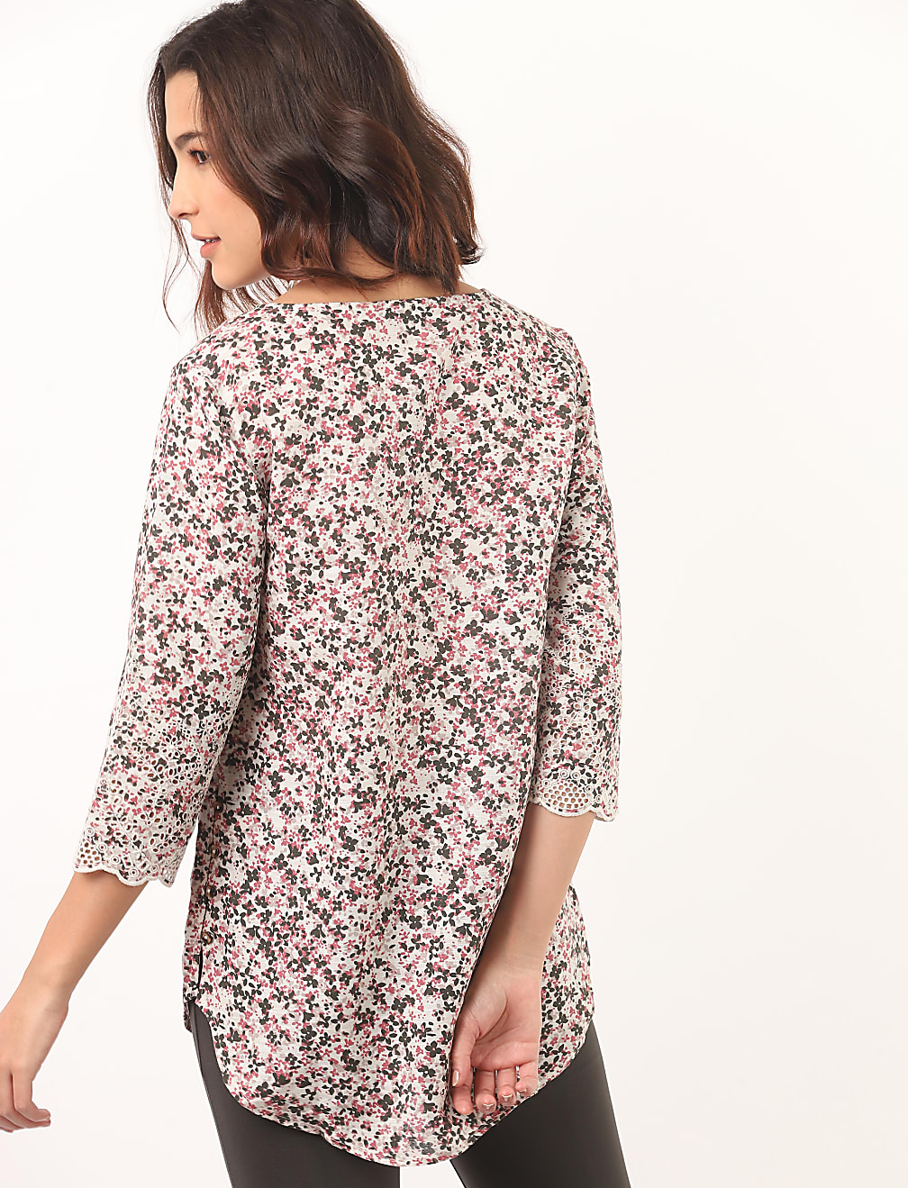 Linen Mix Floral Print Keyhole Neck Top
