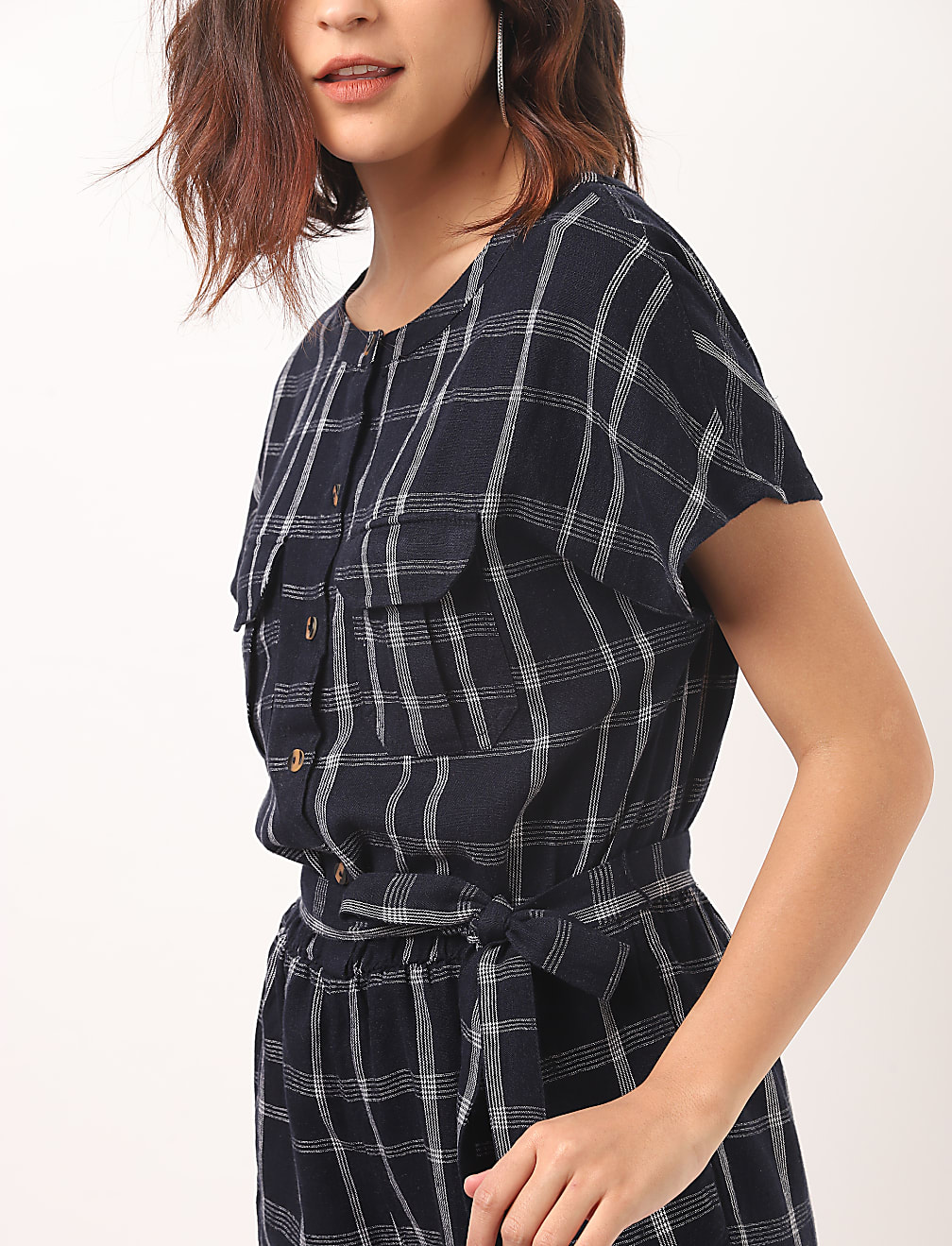 Flax Linen Mix Checks Round Neck Playsuit