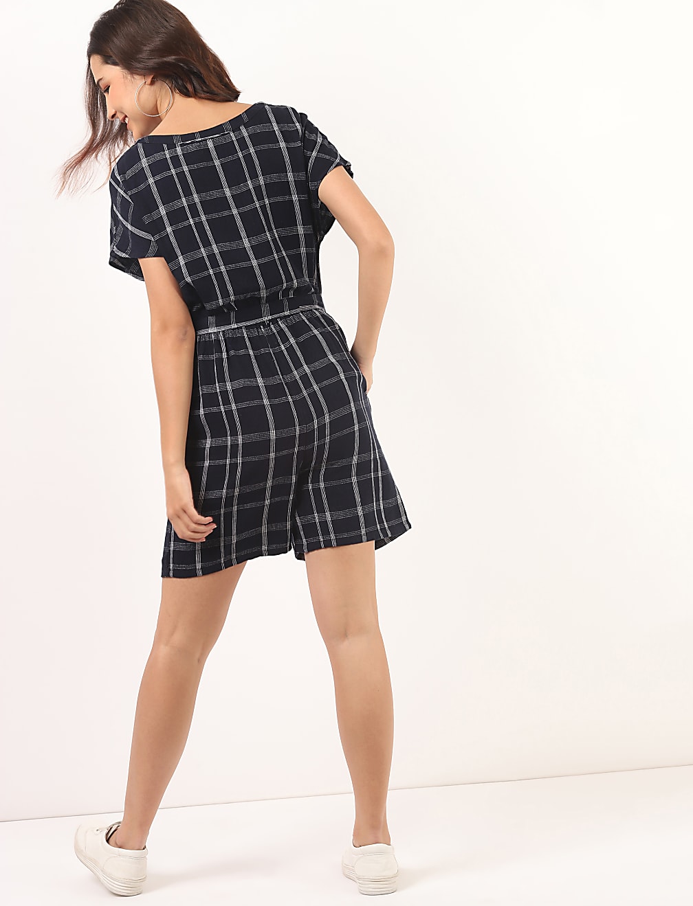 Flax Linen Mix Checks Round Neck Playsuit