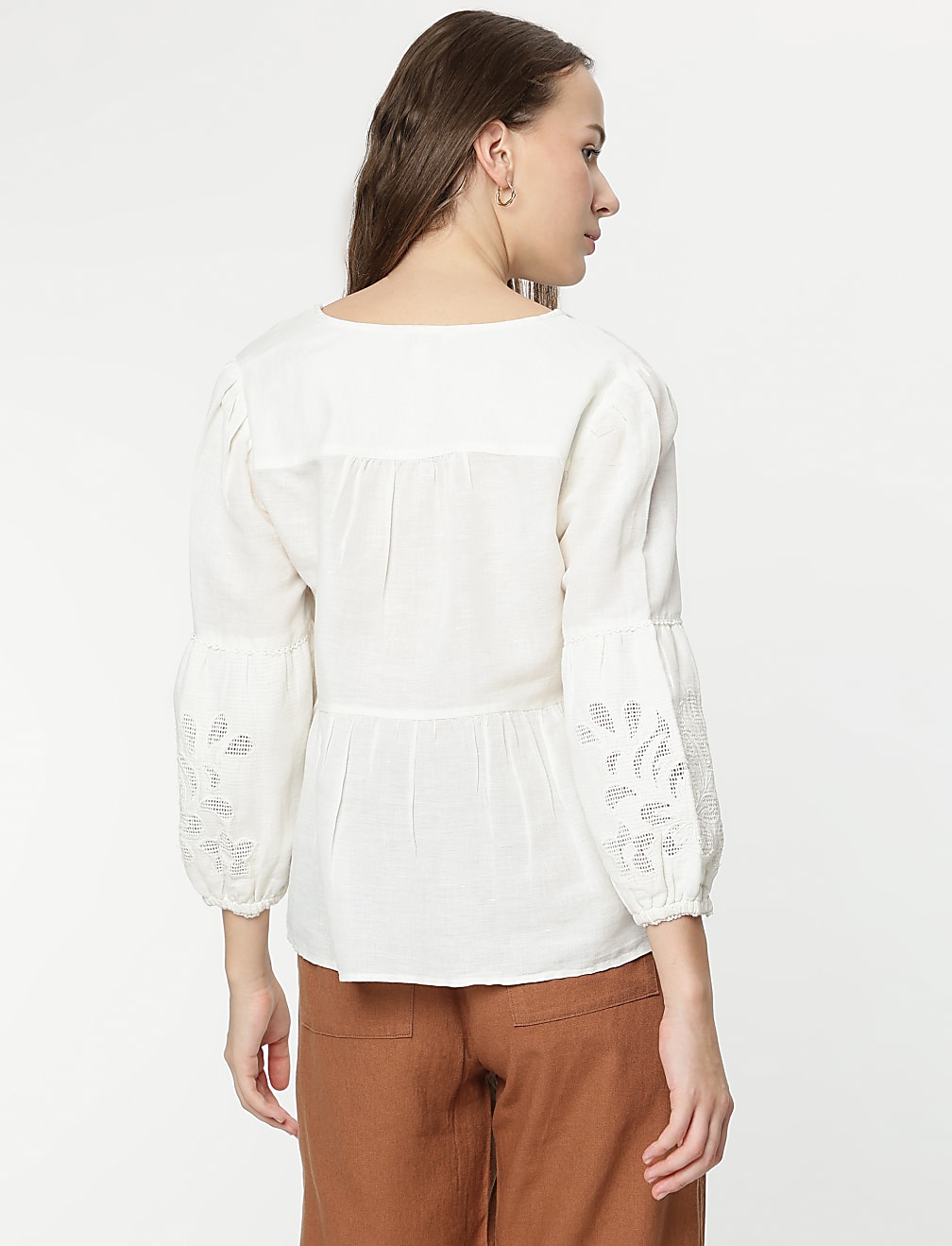 Linen Mix Embroidery Bishop Sleeves Blouse