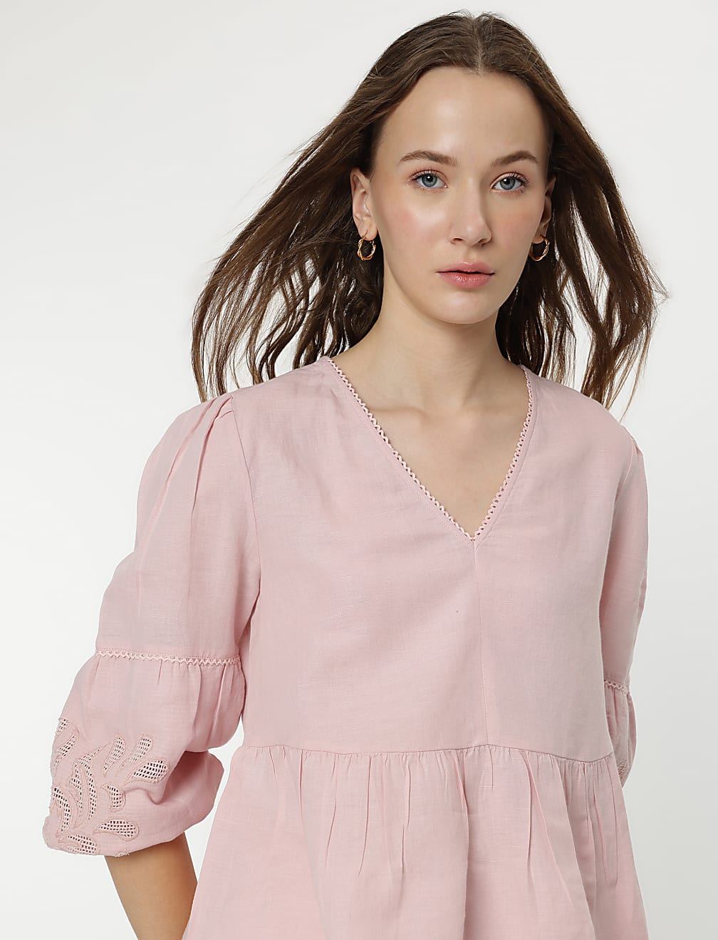 Linen Mix Embroidery Bishop Sleeves Blouse