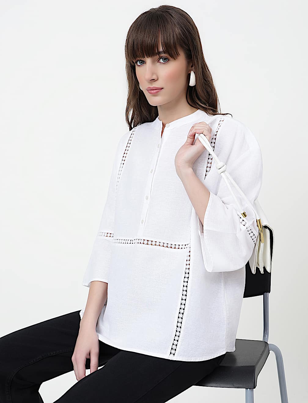 Linen Rich Embroidered Mandarin Collar Top