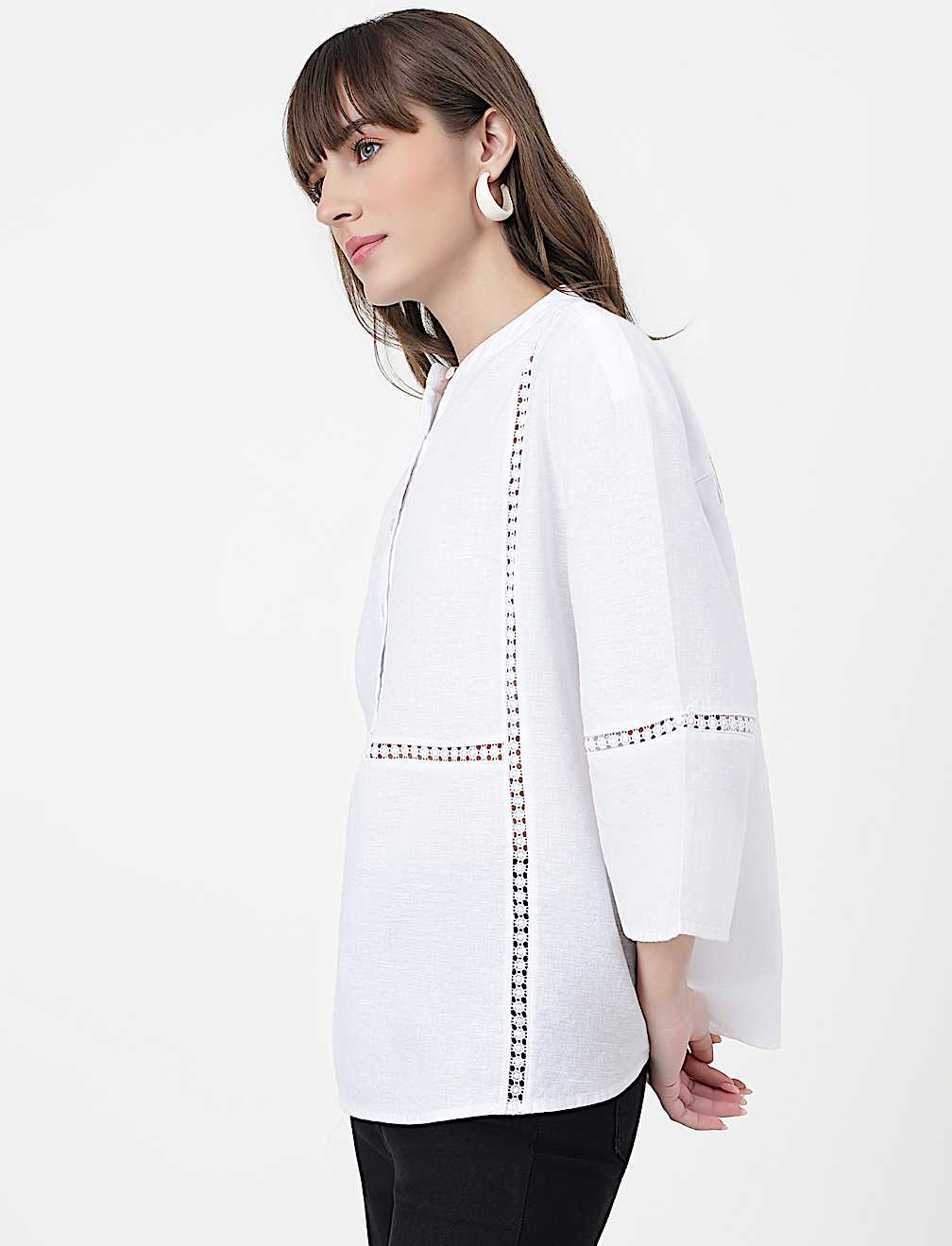 Linen Rich Embroidered Mandarin Collar Top